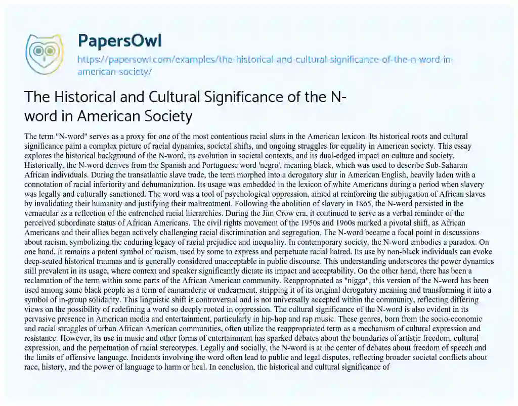 Essay on The Historical and Cultural Significance of the N-word in American Society