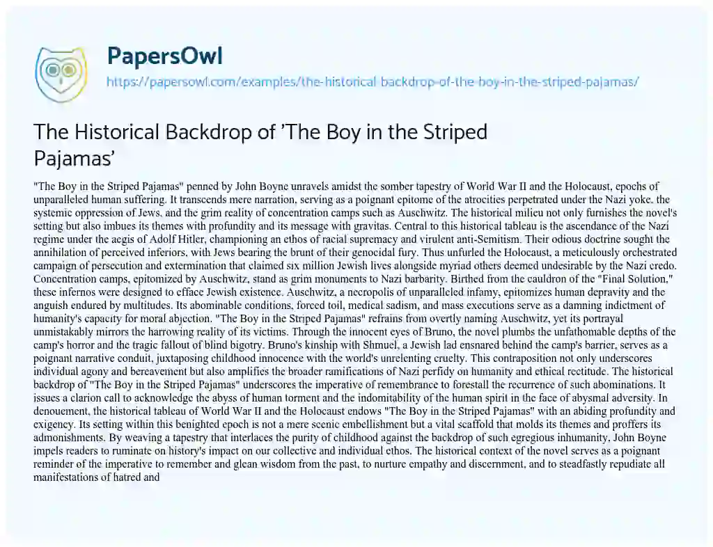 Essay on The Historical Backdrop of ‘The Boy in the Striped Pajamas’