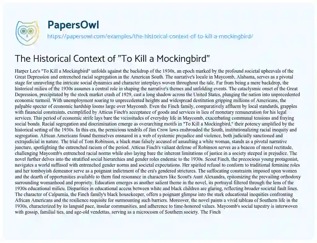 Essay on The Historical Context of “To Kill a Mockingbird”