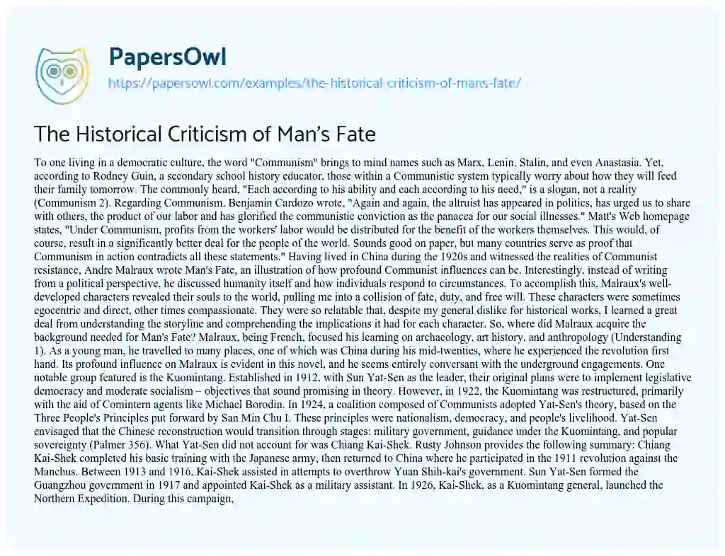 Essay on The Historical Criticism of Man’s Fate