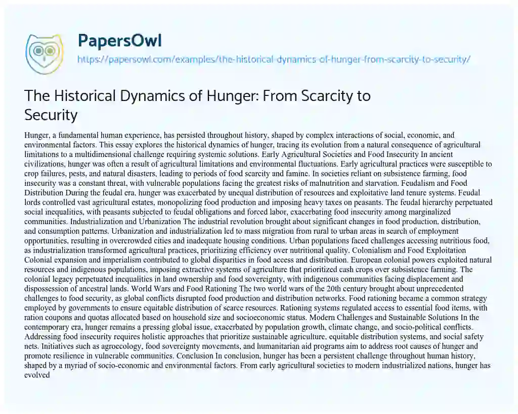 Essay on The Historical Dynamics of Hunger: from Scarcity to Security