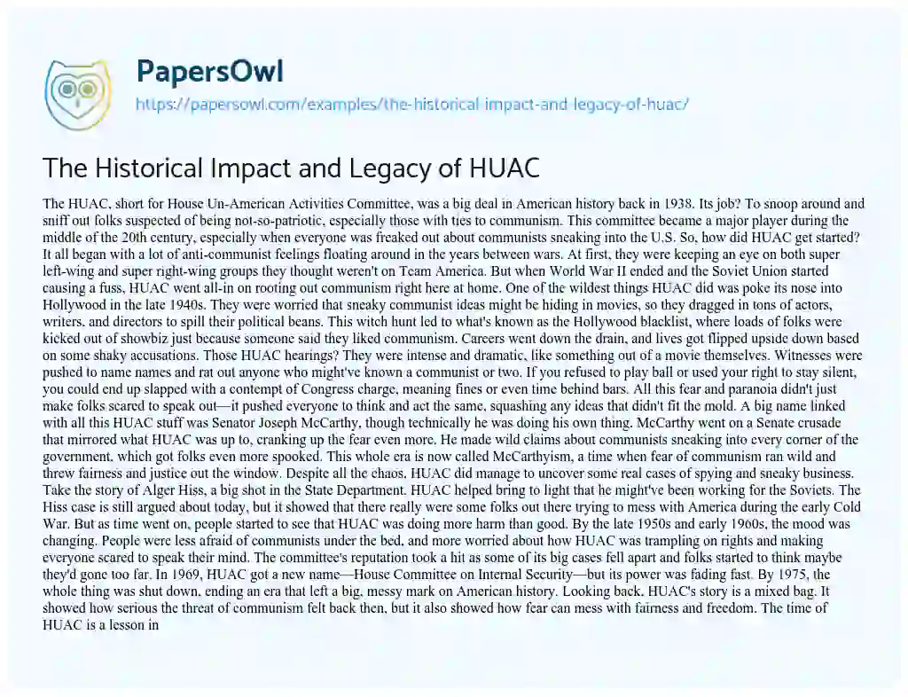 Essay on The Historical Impact and Legacy of HUAC