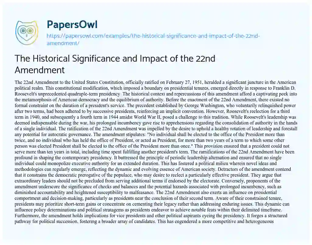 Essay on The Historical Significance and Impact of the 22nd Amendment