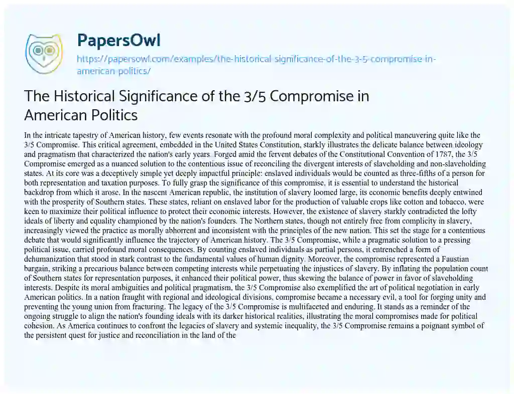 Essay on The Historical Significance of the 3/5 Compromise in American Politics
