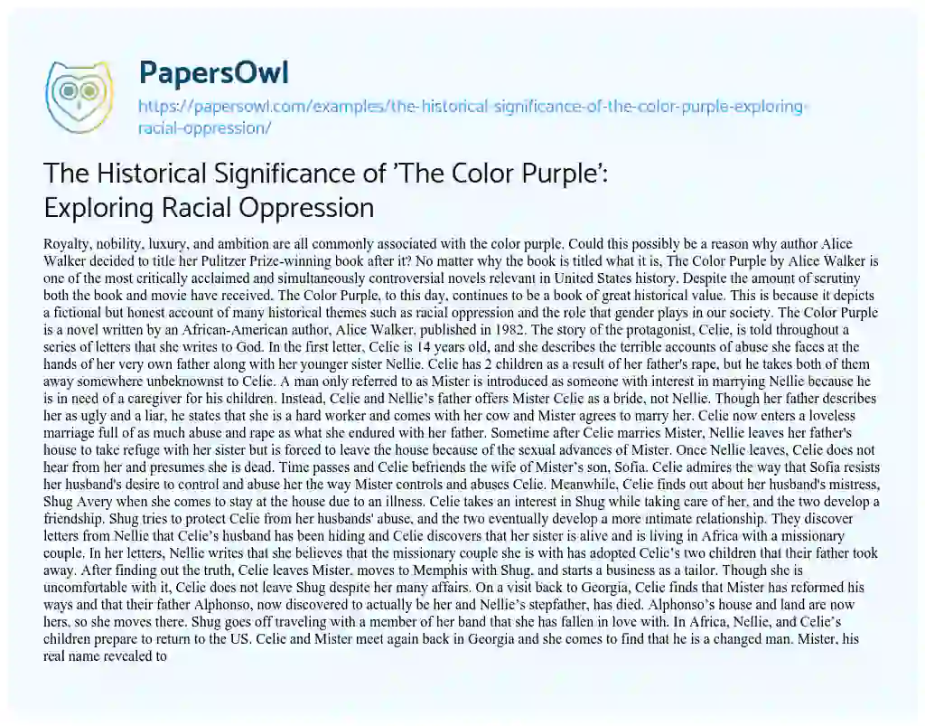 Essay on The Historical Significance of ‘The Color Purple’: Exploring Racial Oppression