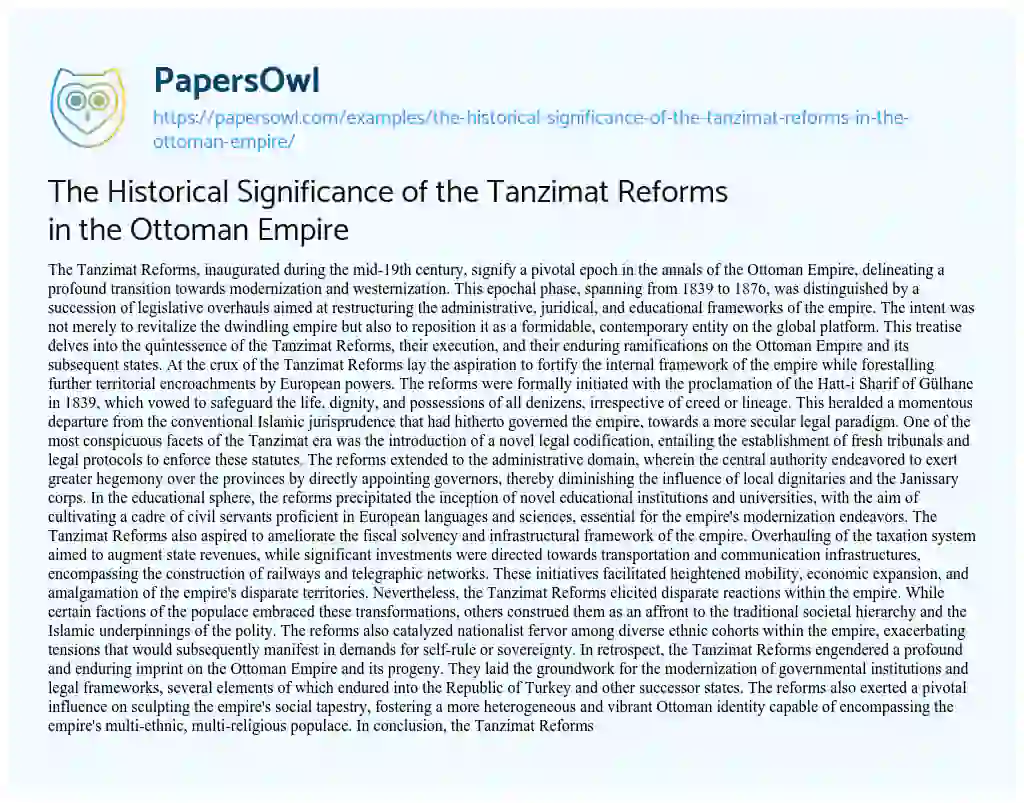 Essay on The Historical Significance of the Tanzimat Reforms in the Ottoman Empire