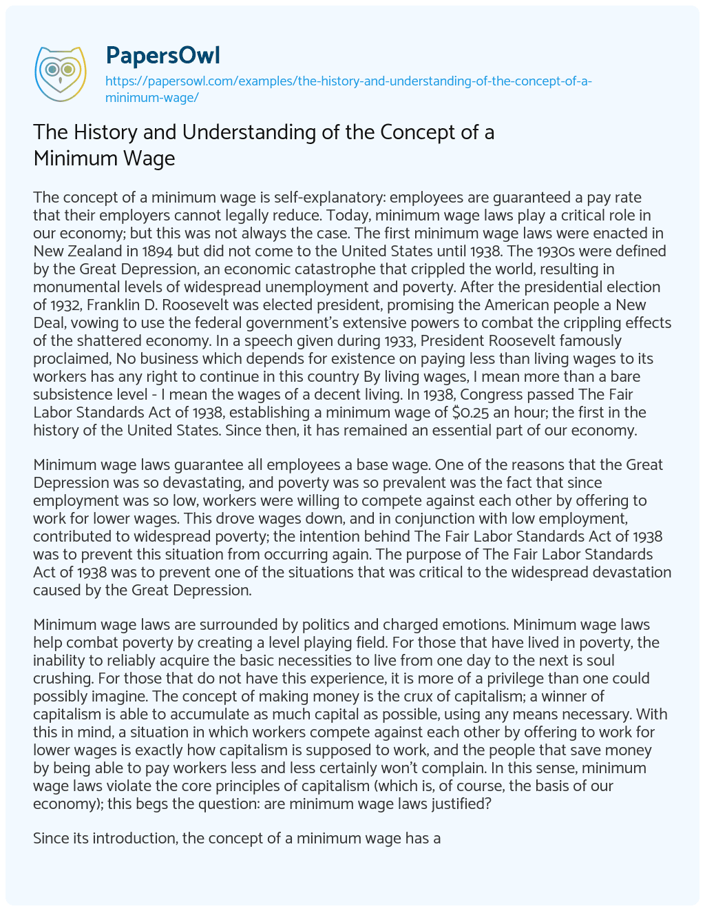 Essay on The History and Understanding of the Concept of a Minimum Wage