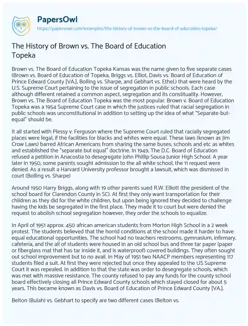 The History of Brown Vs. the Board of Education Topeka essay