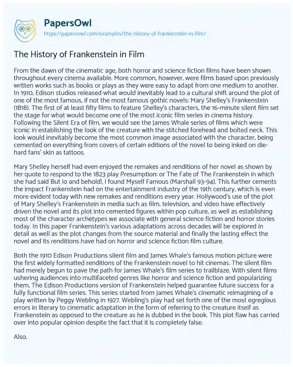 Essay on The History of Frankenstein in Film