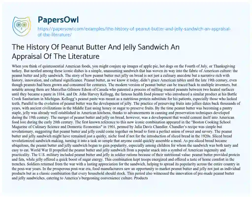 Essay on The History of Peanut Butter and Jelly Sandwich an Appraisal of the Literature