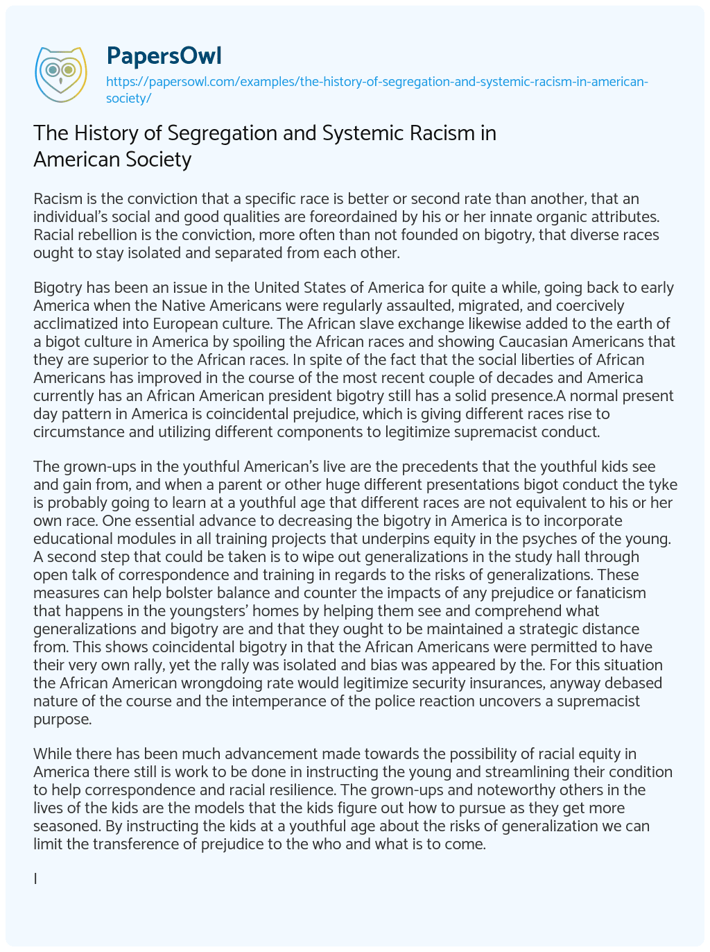 Essay on The History of Segregation and Systemic Racism in American Society