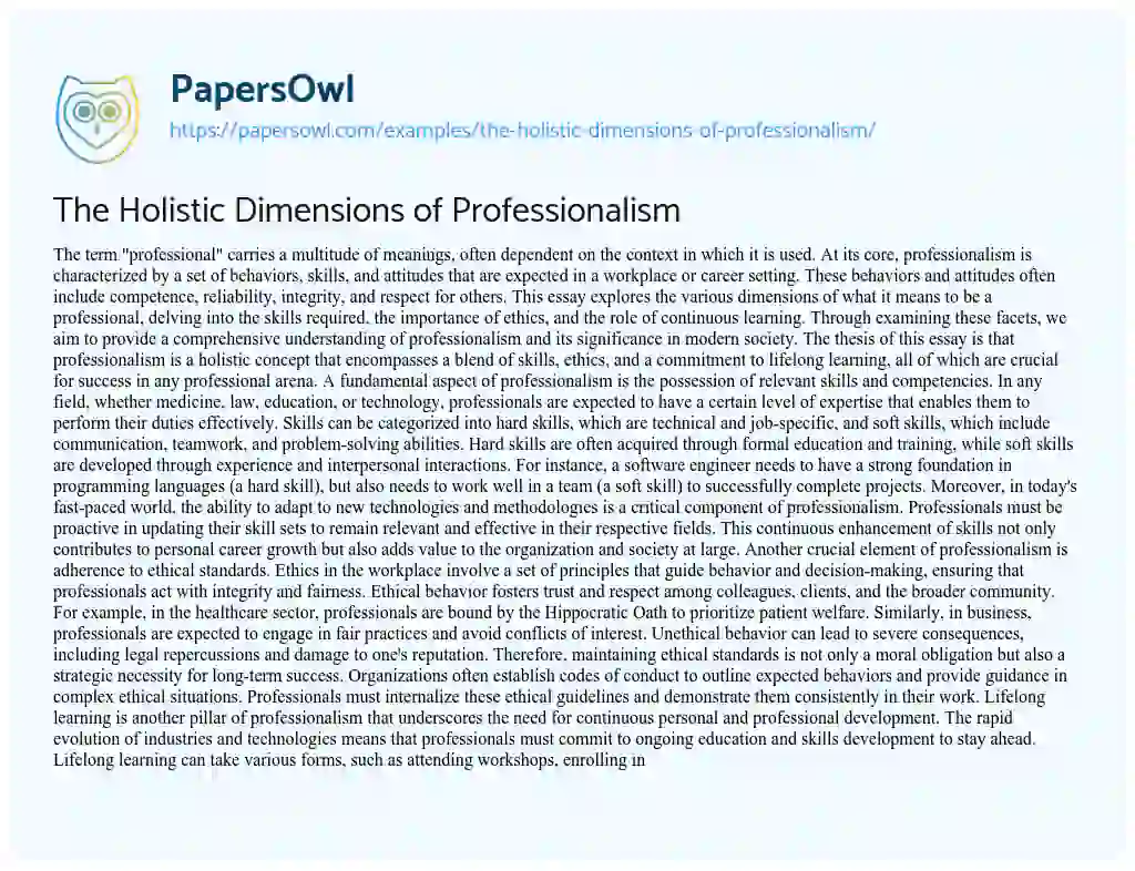 Essay on The Holistic Dimensions of Professionalism