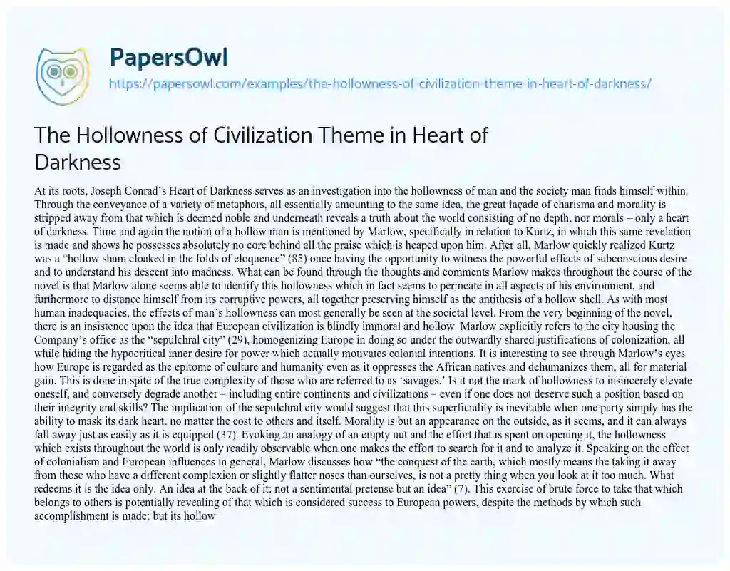 Essay on The Hollowness of Civilization Theme in Heart of Darkness