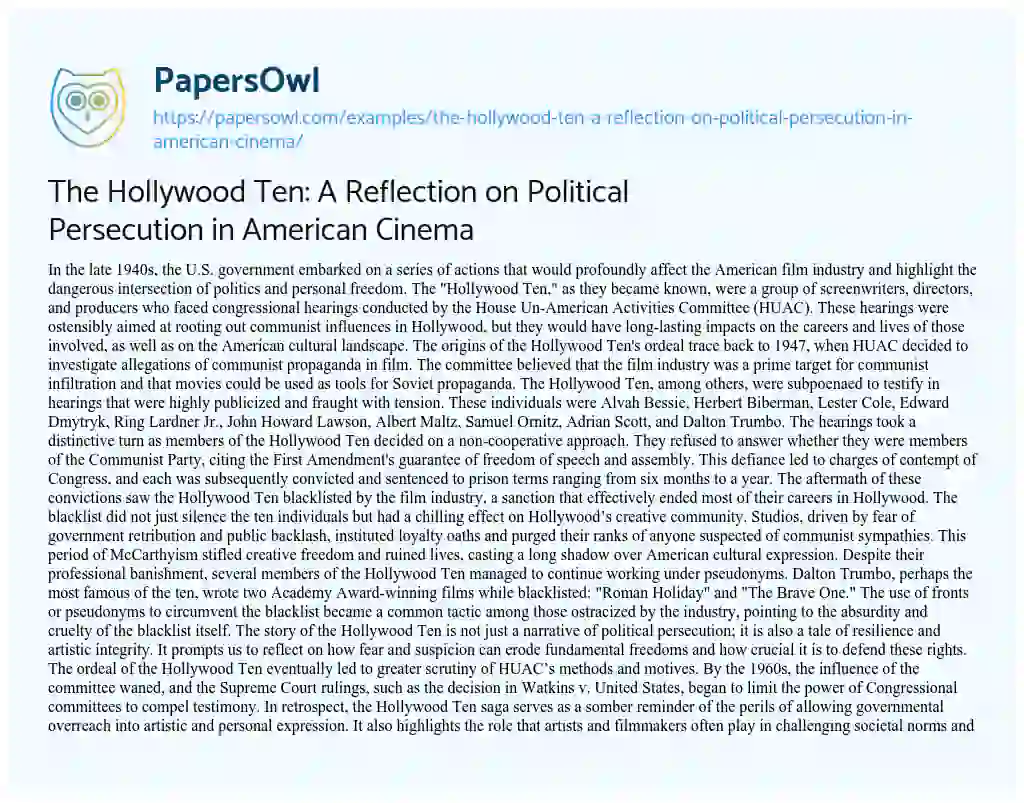 Essay on The Hollywood Ten: a Reflection on Political Persecution in American Cinema