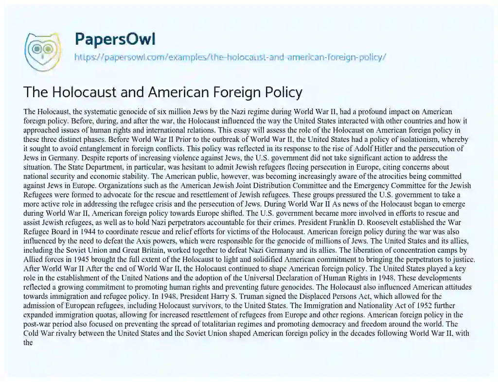 Essay on The Holocaust and American Foreign Policy