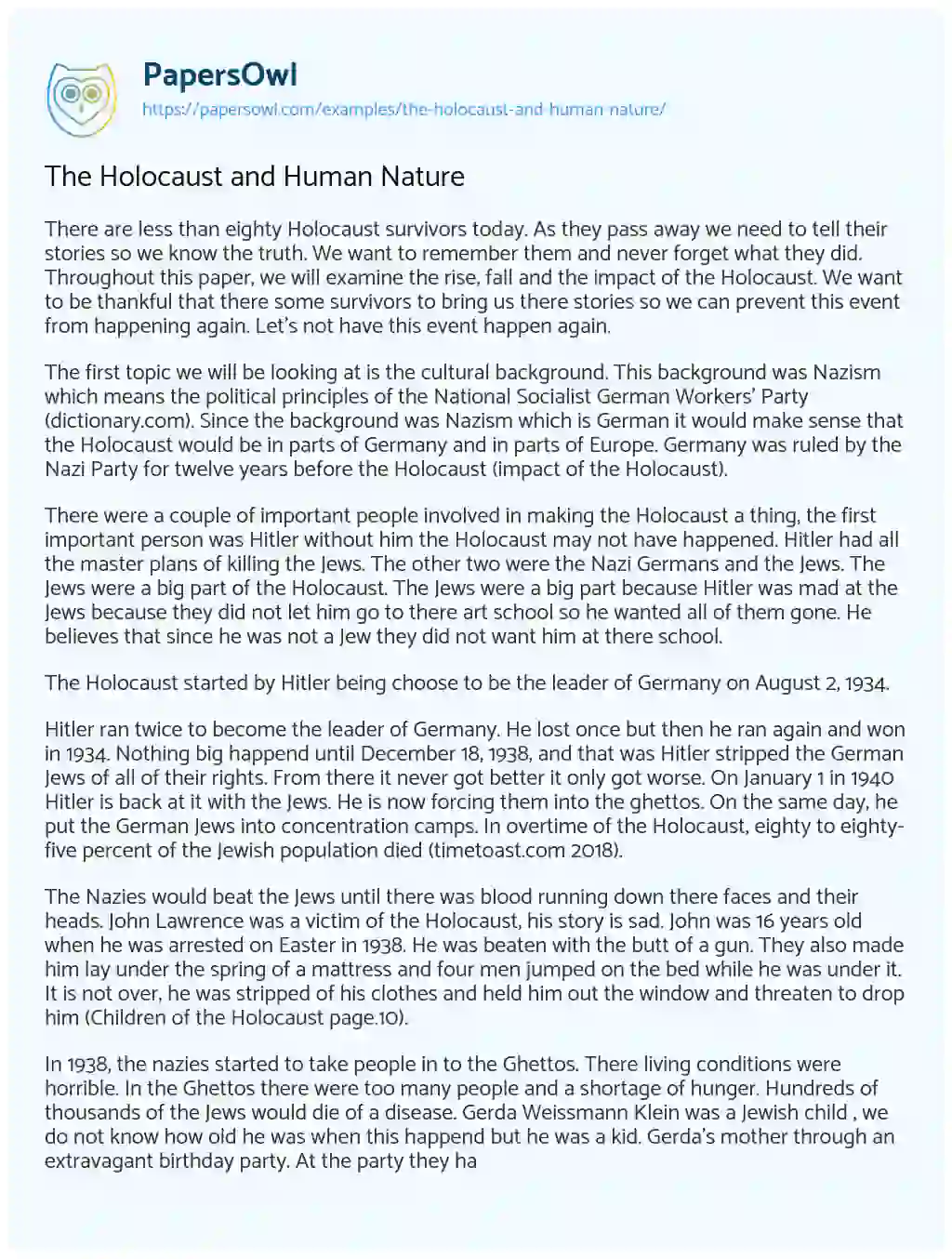 Essay on The Holocaust and Human Nature