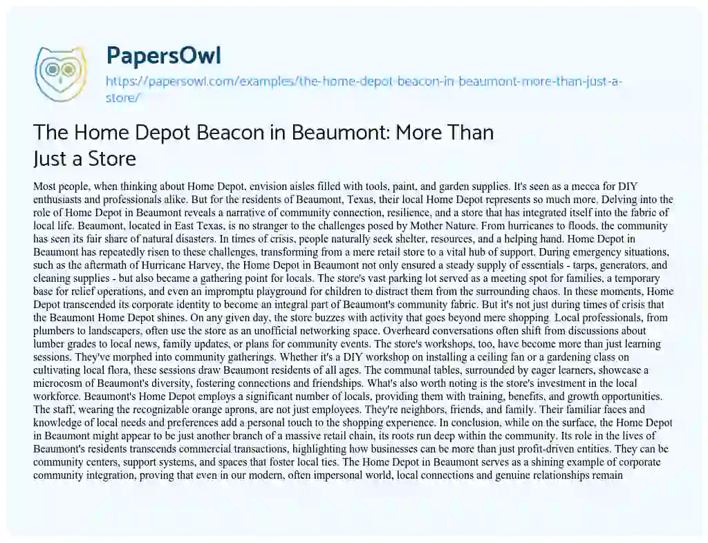 Essay on The Home Depot Beacon in Beaumont: more than Just a Store