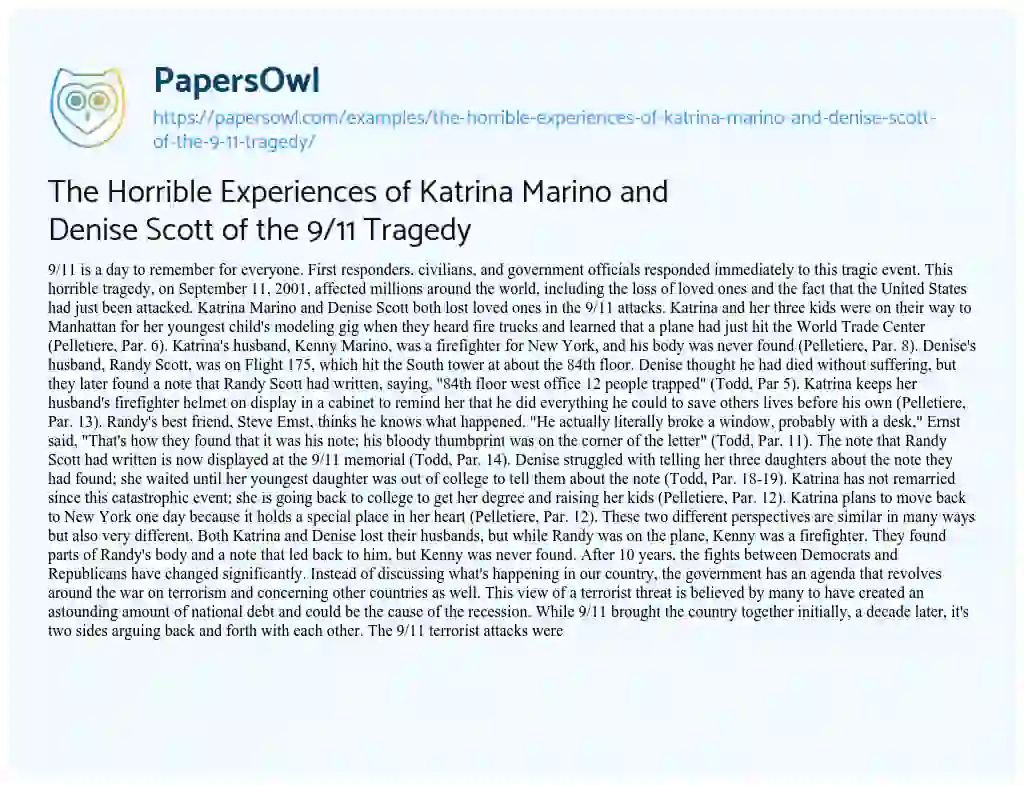 Essay on The Horrible Experiences of Katrina Marino and Denise Scott of the 9/11 Tragedy