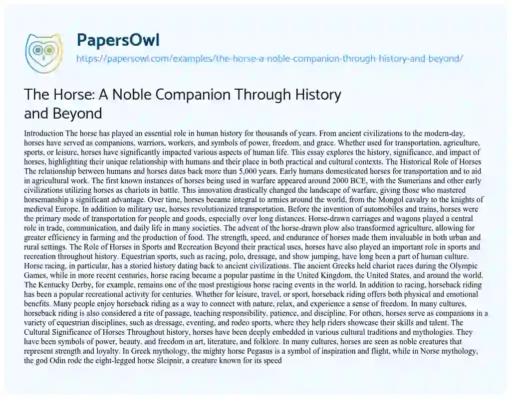 Essay on The Horse: A Noble Companion Through History and Beyond