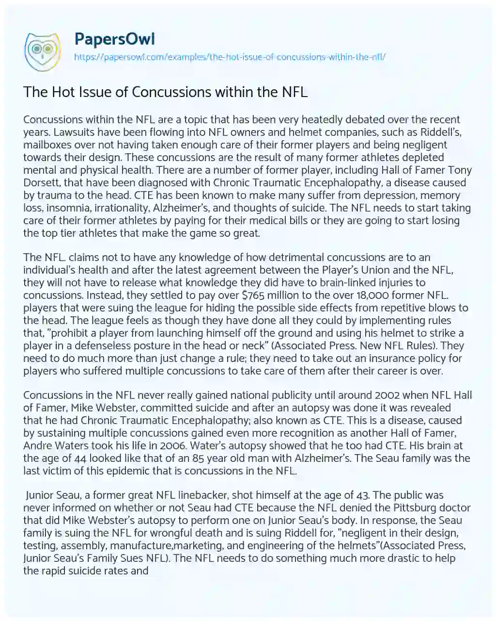 Essay on The Hot Issue of Concussions Within the NFL