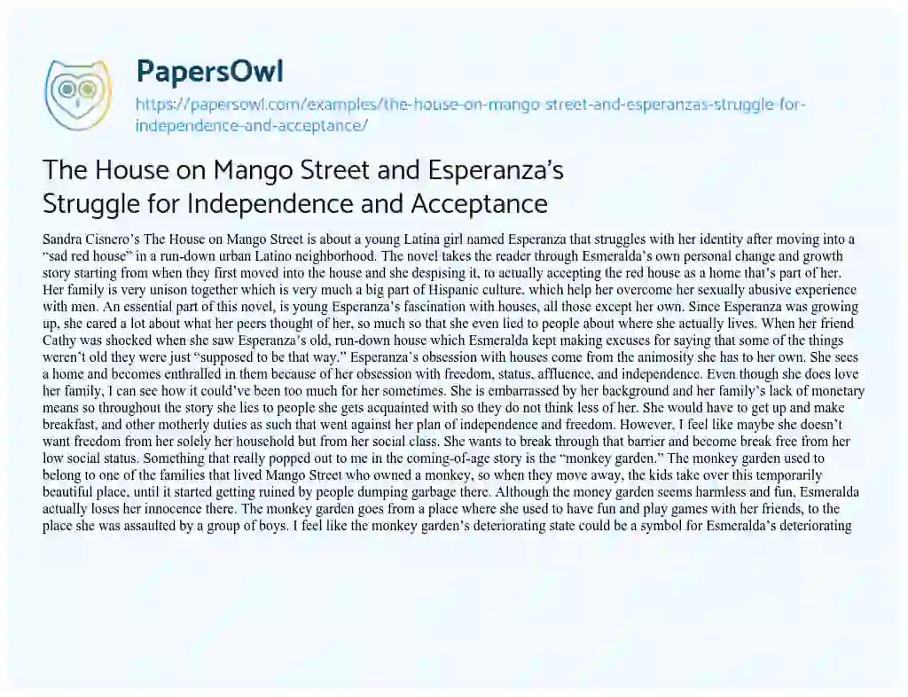Essay on The House on Mango Street and Esperanza’s Struggle for Independence and Acceptance