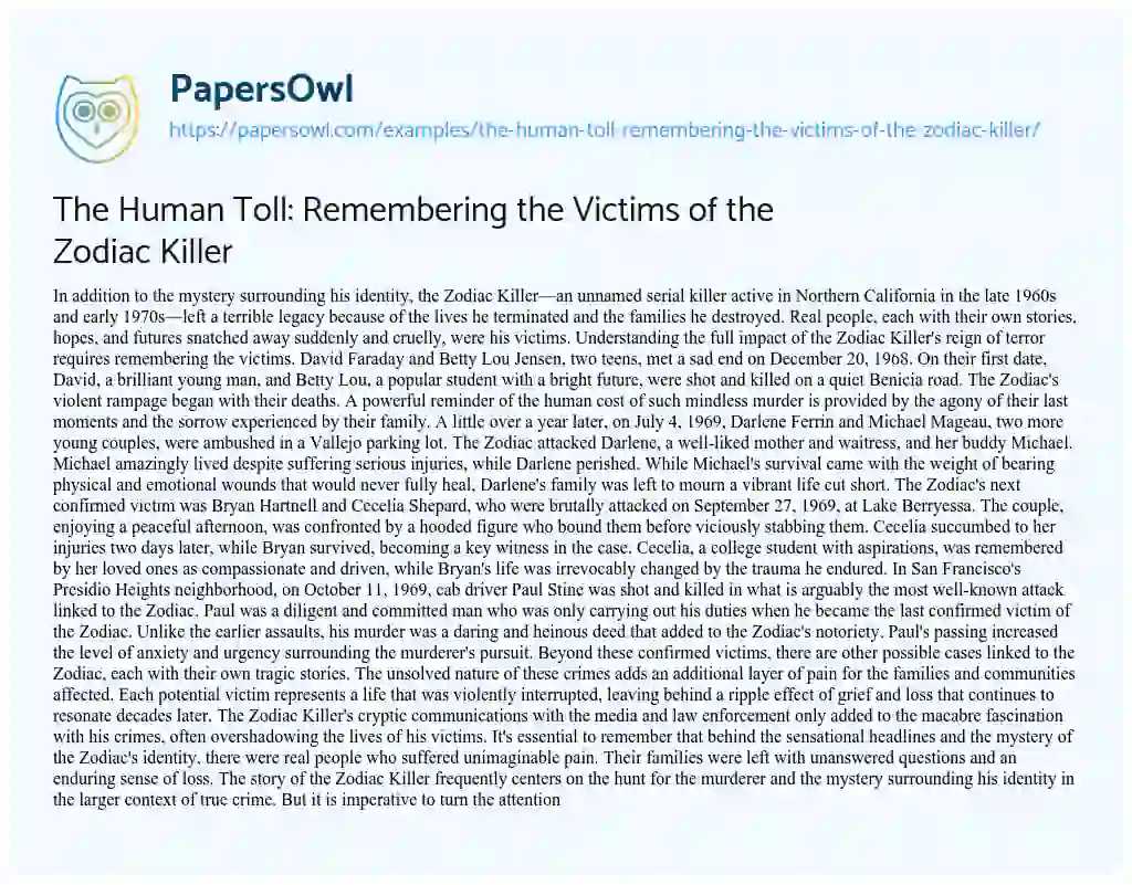 Essay on The Human Toll: Remembering the Victims of the Zodiac Killer