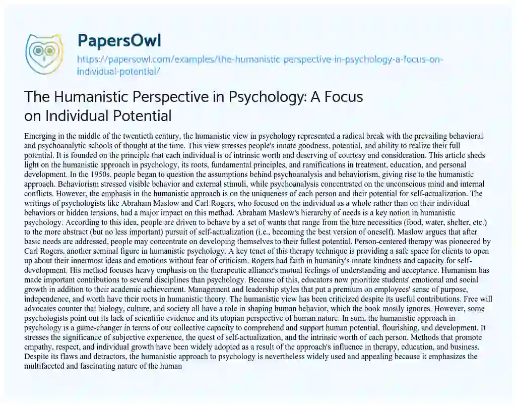 Essay on The Humanistic Perspective in Psychology: a Focus on Individual Potential