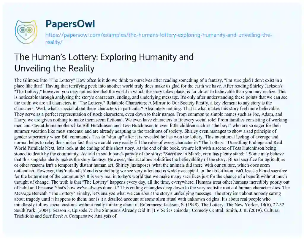 Essay on The Human’s Lottery: Exploring Humanity and Unveiling the Reality