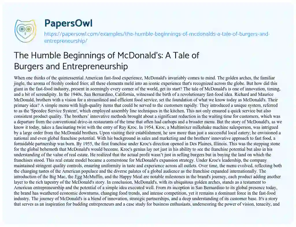Essay on The Humble Beginnings of McDonald’s: a Tale of Burgers and Entrepreneurship