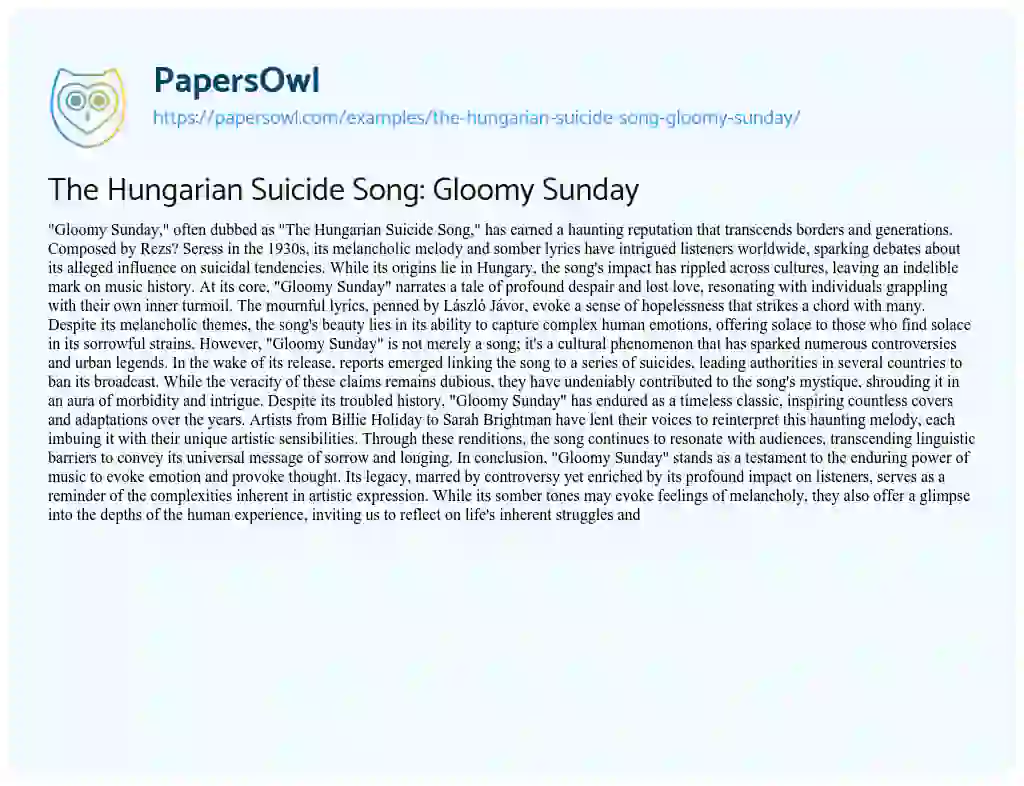 Essay on The Hungarian Suicide Song: Gloomy Sunday