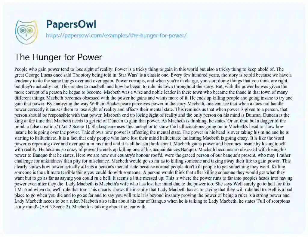 Essay on The Hunger for Power