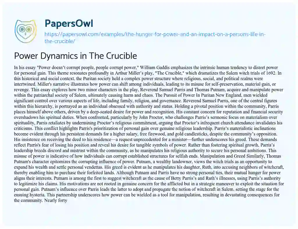 Essay on The Hunger for Power and an Impact on a Person’s Life in the Crucible