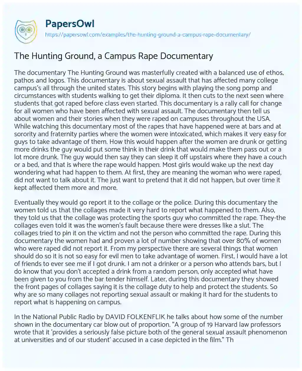 Essay on The Hunting Ground, a Campus Rape Documentary