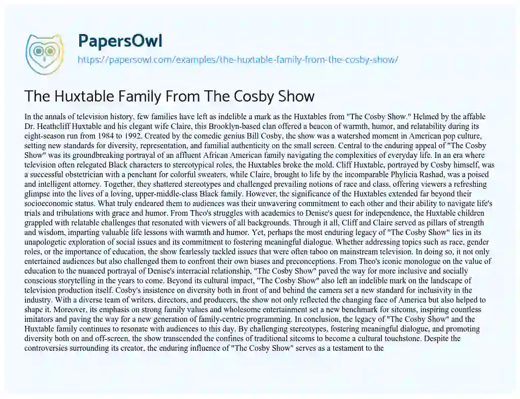 Essay on The Huxtable Family from the Cosby Show