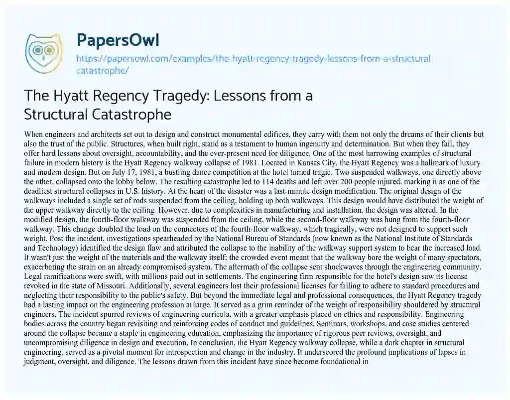 Essay on The Hyatt Regency Tragedy: Lessons from a Structural Catastrophe