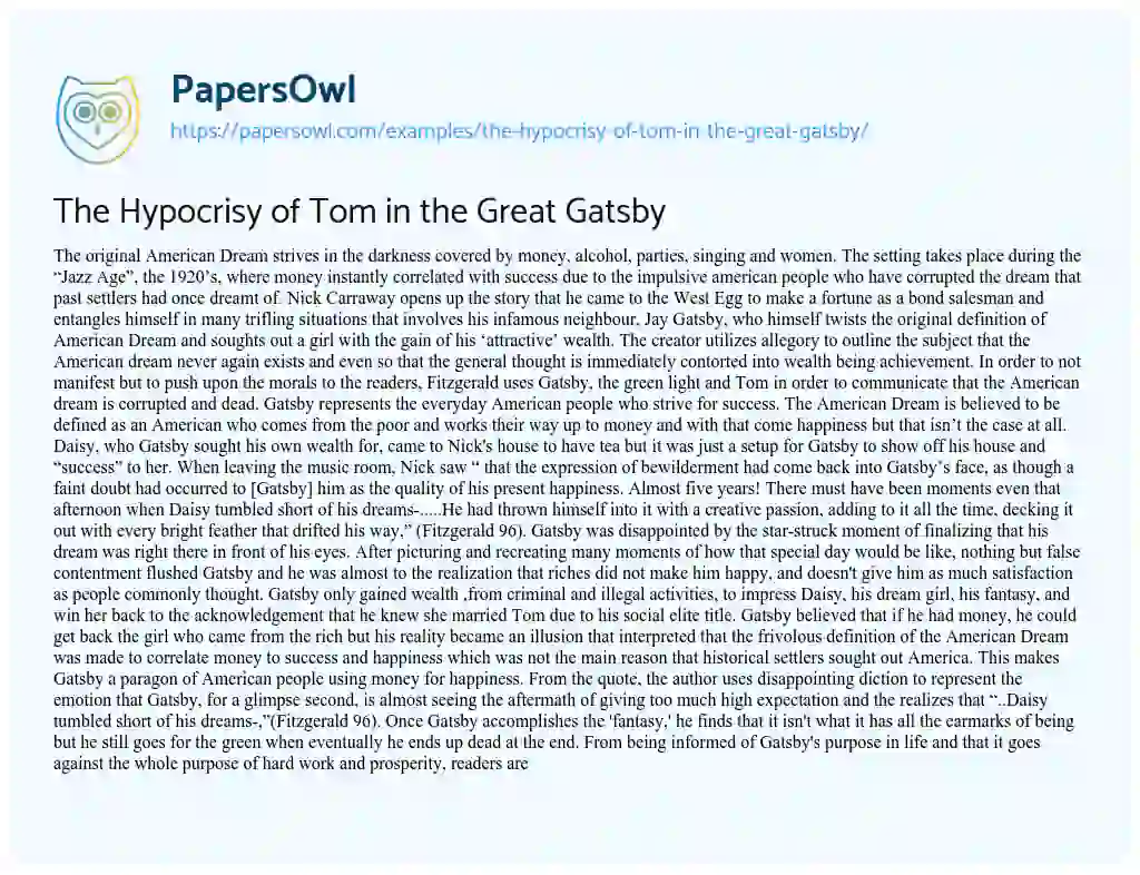 The Hypocrisy of Tom in the Great Gatsby essay