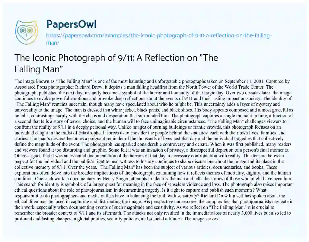 Essay on The Iconic Photograph of 9/11: a Reflection on “The Falling Man”