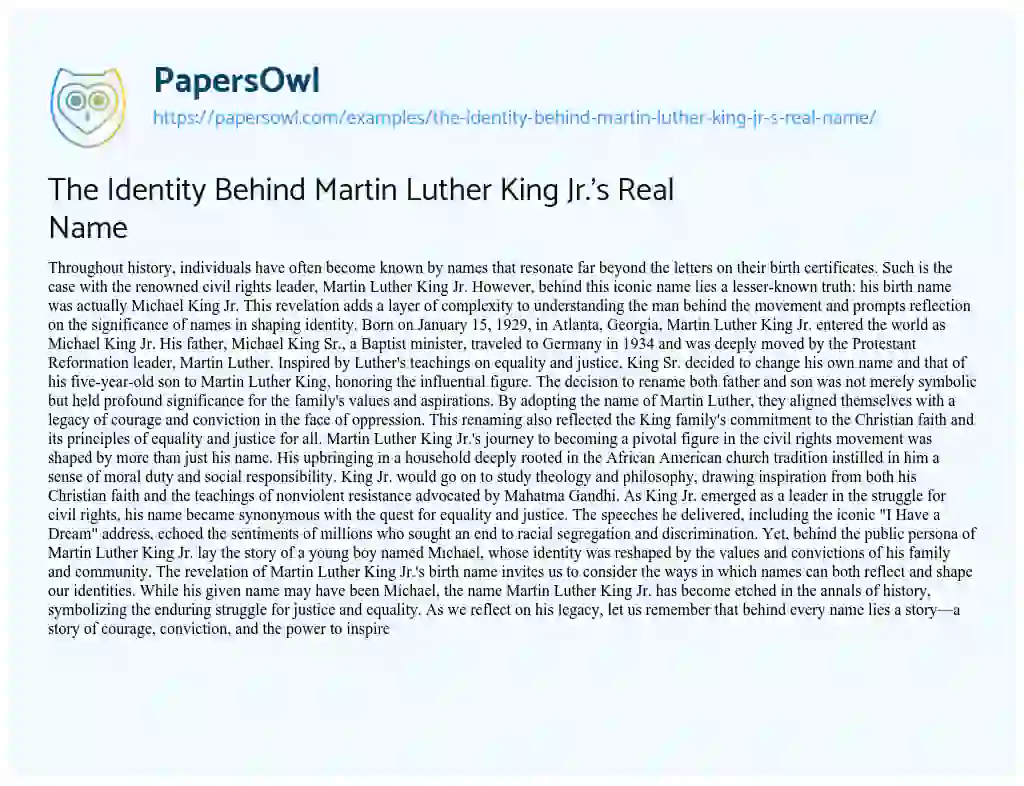 Essay on The Identity Behind Martin Luther King Jr.’s Real Name