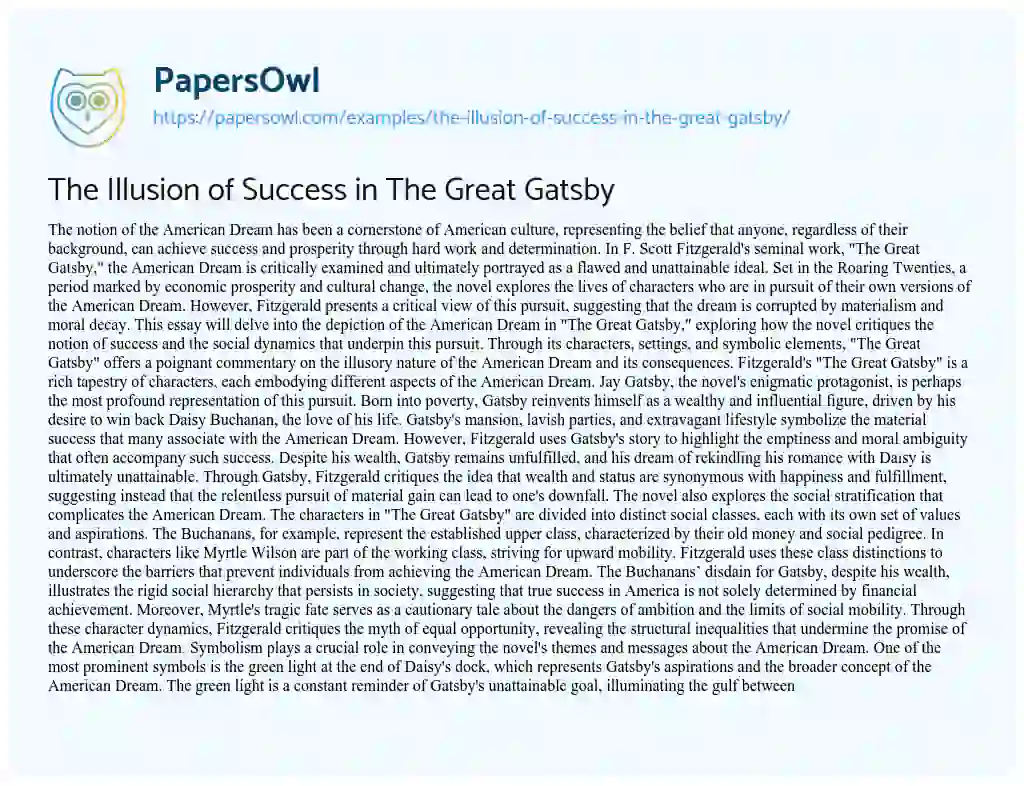 Essay on The Illusion of Success in The Great Gatsby