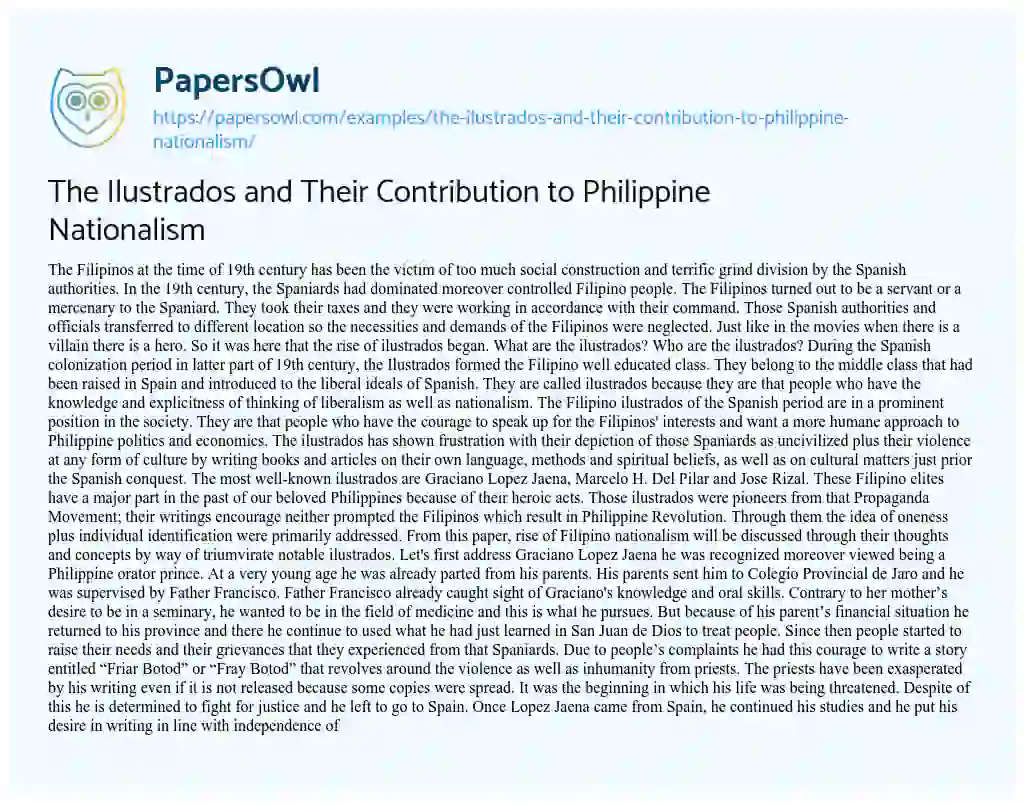 The Ilustrados and their Contribution to Philippine Nationalism essay