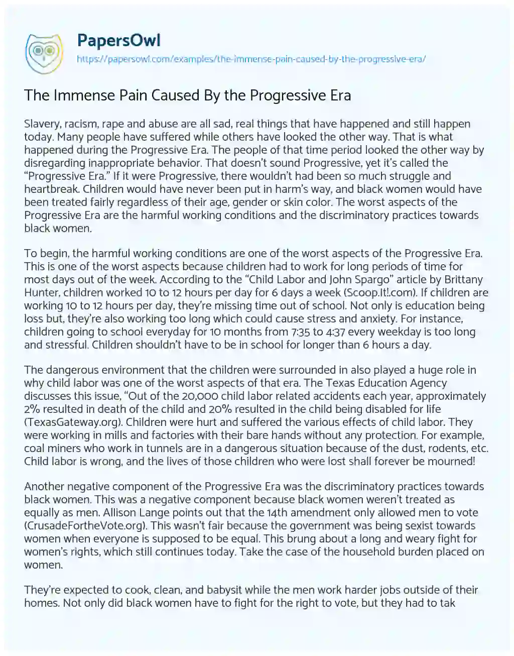 Essay on The Immense Pain Caused by the Progressive Era