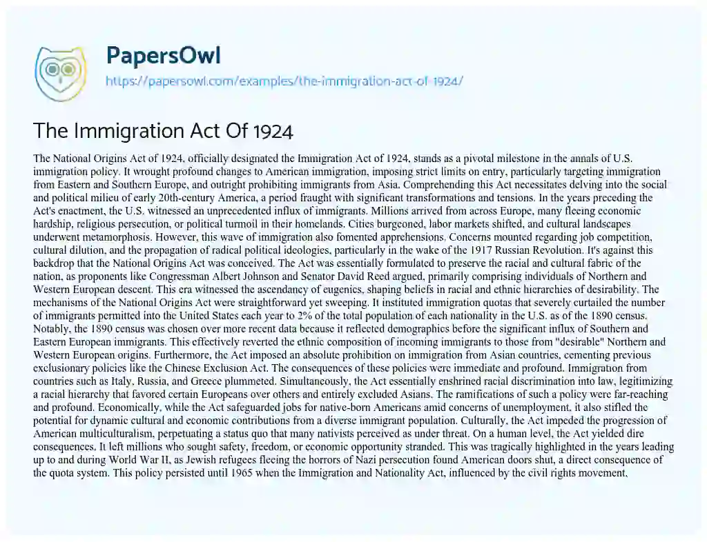 Essay on The Immigration Act of 1924