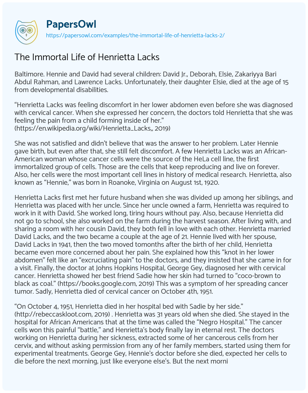 The Immortal Life of Henrietta Lacks essay