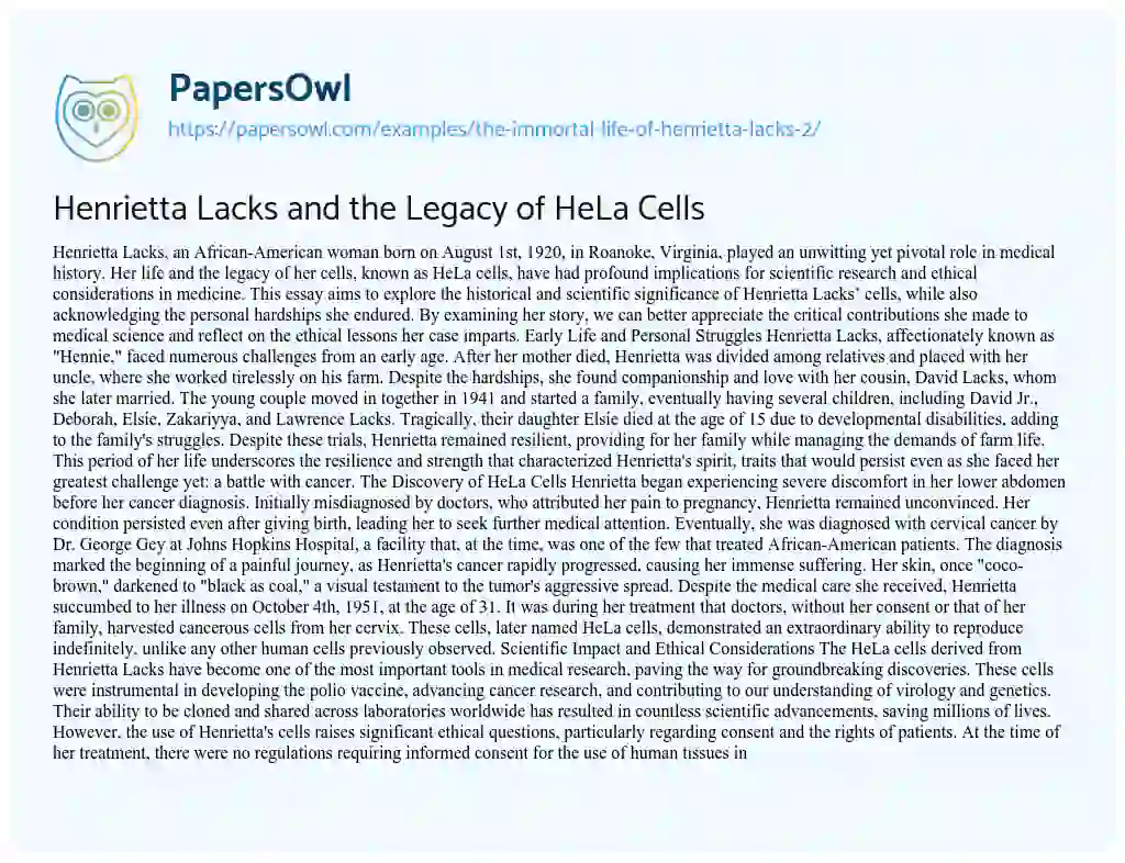 Essay on The Immortal Life of Henrietta Lacks