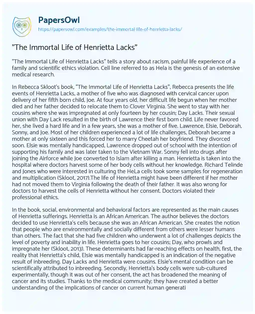 “The Immortal Life of Henrietta Lacks” essay