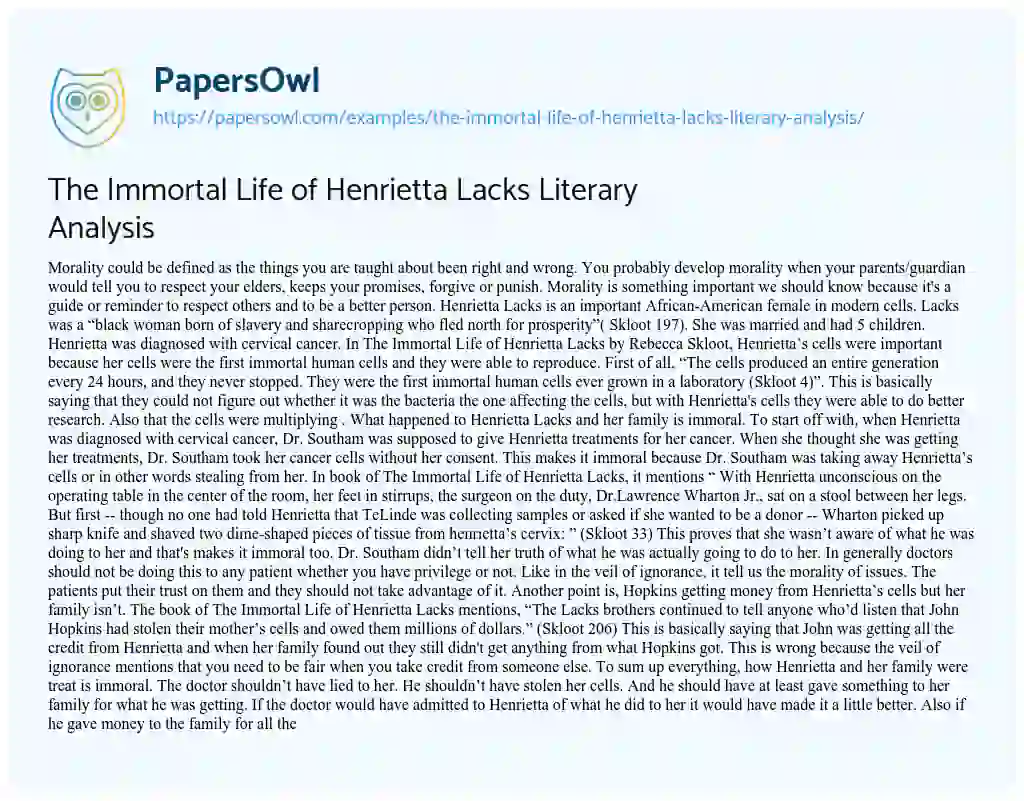 The Immortal Life of Henrietta Lacks Literary Analysis essay