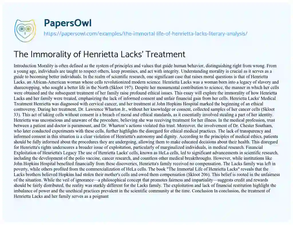 Essay on The Immortal Life of Henrietta Lacks Literary Analysis