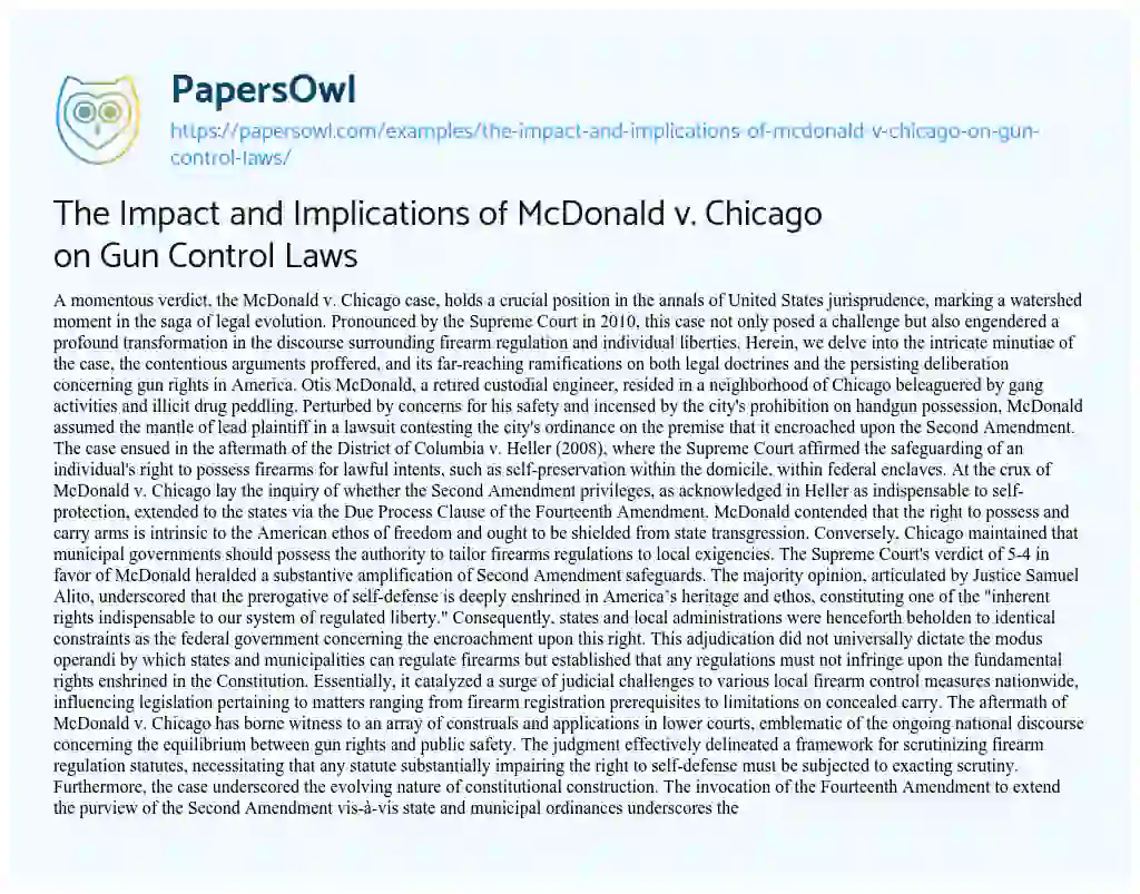Essay on The Impact and Implications of McDonald V. Chicago on Gun Control Laws