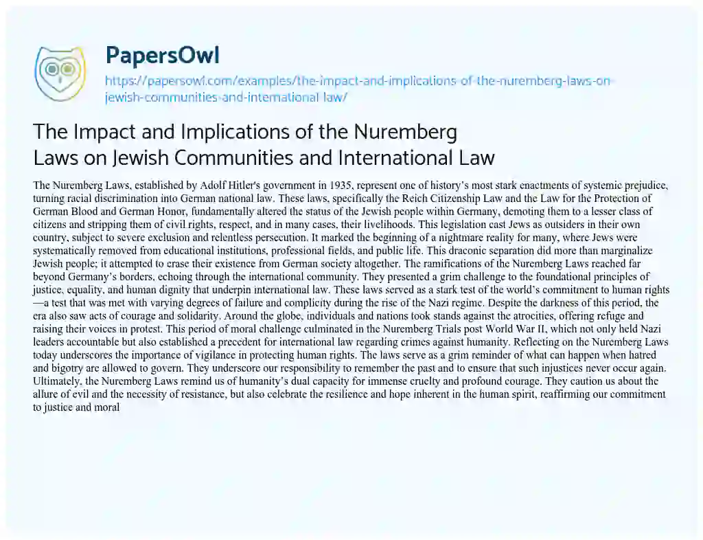 Essay on The Impact and Implications of the Nuremberg Laws on Jewish Communities and International Law