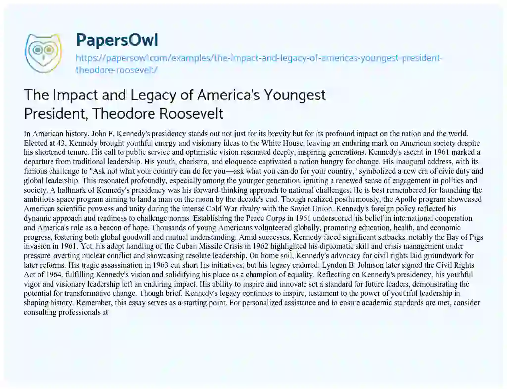 Essay on The Impact and Legacy of America’s Youngest President, Theodore Roosevelt
